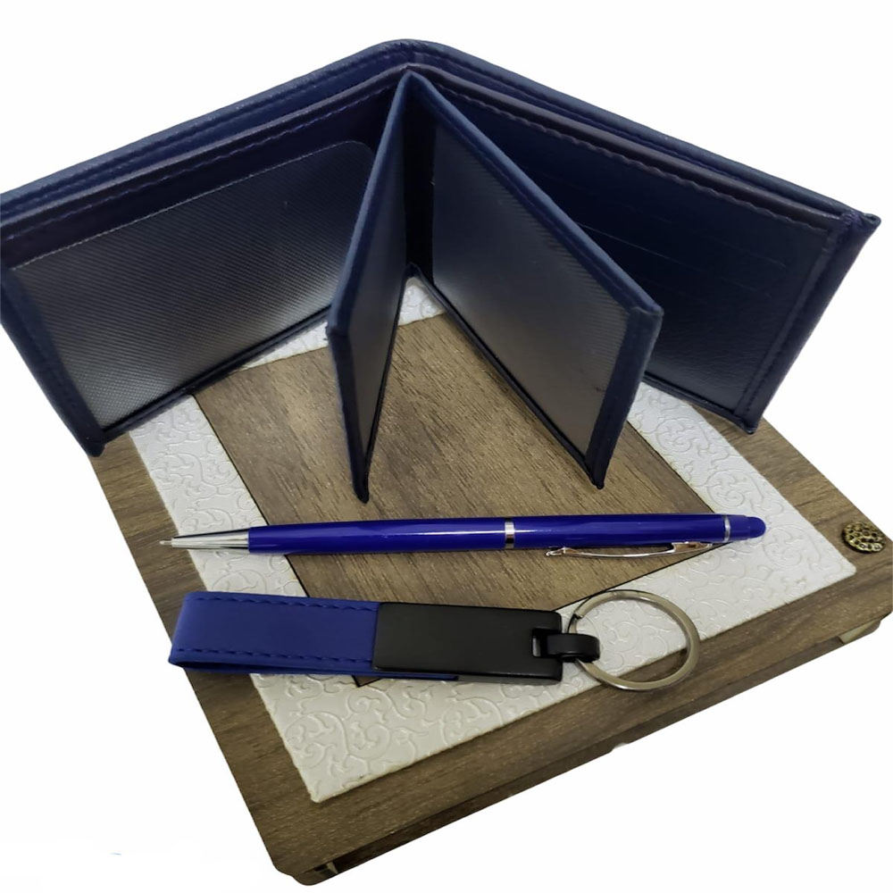 Mavi Cüzdan Kalem ve Deri Mavi Anahtarlık Set