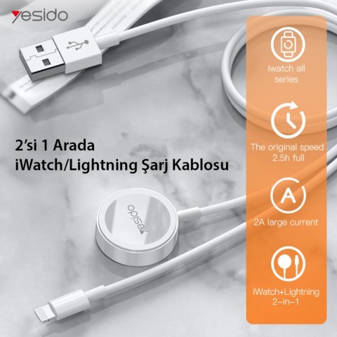 Yesido CA70 2in1 1.5M 2W Apple Watch Şarjı ve 2.4A Lightning Hızlı Şarj Kablosu